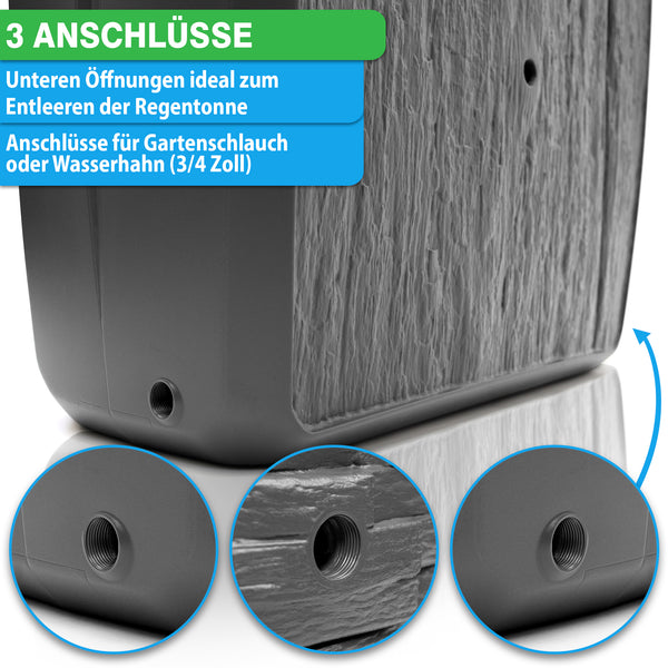 yourcisade.com Regenwasserbehälter mit drei Zapfhähnen für effiziente Entwässerung und Schlauchanschluss.