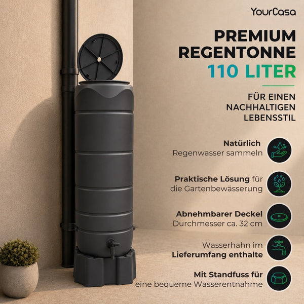 Regentonne 110 Liter [Circle Tower] – Schlanke Regenwassertonne mit Standfuß & 3 Anschlüssen
