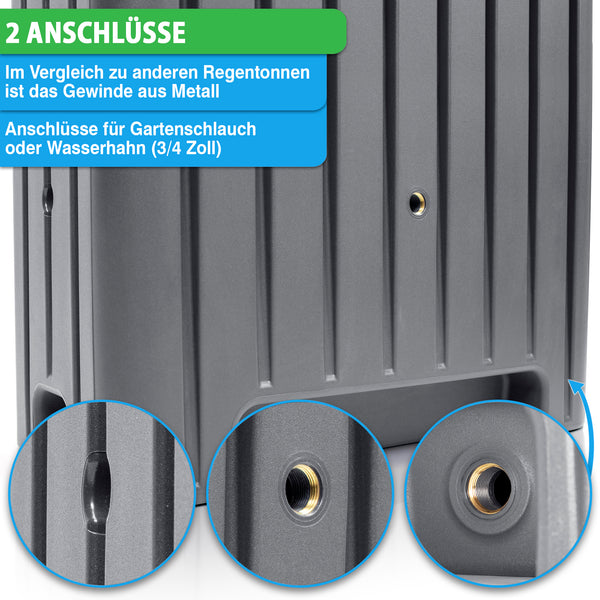Nahaufnahme der YourCasa Regentonne 280 Liter [UrbanElegance], entworfen durch ein präzises Rotationsverfahren, mit zwei Metalleinlassöffnungen für Gartenschläuche oder Wasserhähne. Drei Einschübe heben das detaillierte Metallgewinde hervor. Der Text erklärt das Gewinde und die Kompatibilität mit Schläuchen, perfekt für Ihre Regenauffangbehälter-Anforderungen von yourcisade.com.