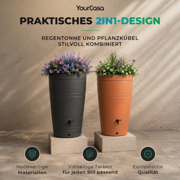 Decore Regentonne 230 Liter – Bepflanzbar | Mit Wasserhahn | Frostsicher