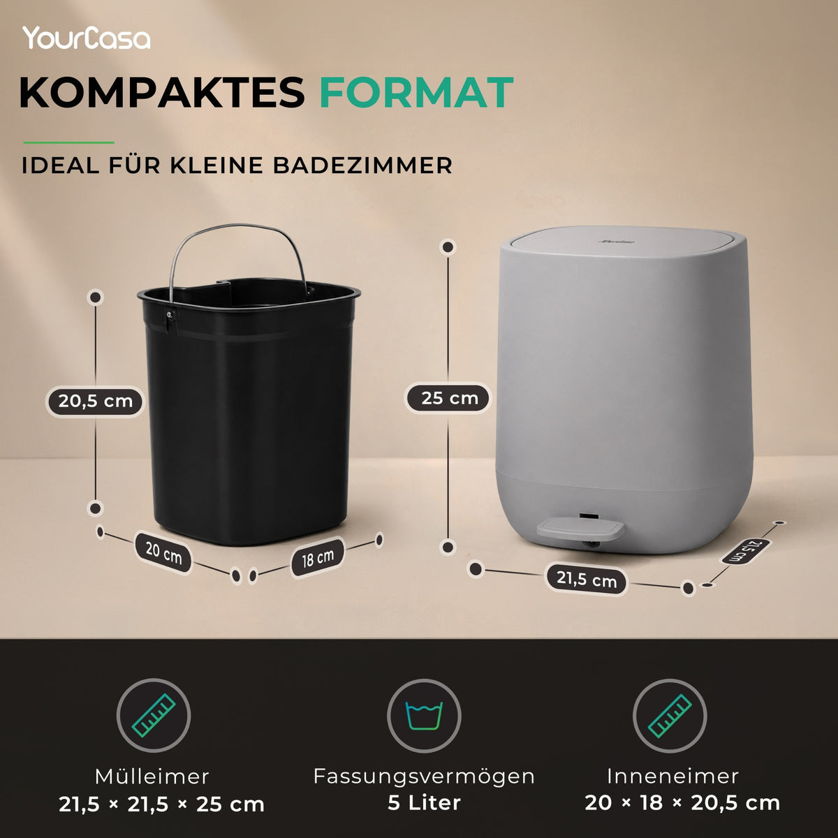 Mülleimer Bad 5L in Grau – Kosmetikeimer aus ABS-Kunststoff