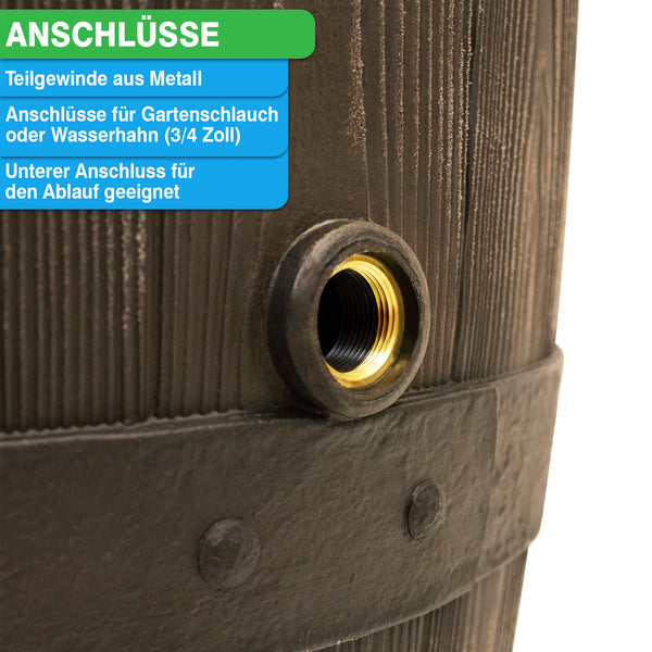 Regenwasserbehälter YourCasa Regentonne 250 Liter [Holz] mit Beschriftung "Anschlüsse" und Hinweis auf ein Teilstück aus Metall für Gartenschlauch oder Wasserhahn-An von yourcisade.com.