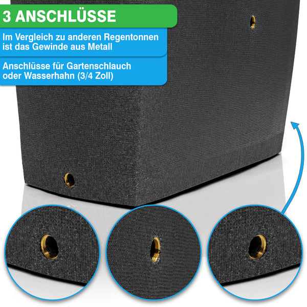 Flexibler, frostsicherer Regenwasserspeicher, der durch seine drei Anschlusspunkte für Gartenschlauch oder Wasserhahn (3/4 Zoll) überzeugt, YourCasa Regentonne 275 Liter [SquareLux Rain] - Eckig und Schmal von yourcisade.com.