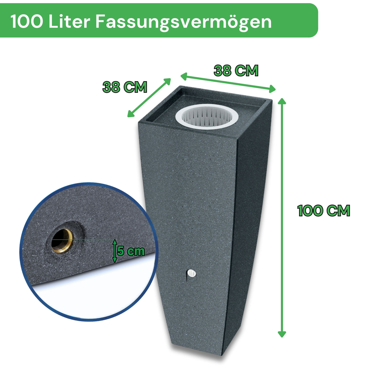 Die YourCasa Regentonne von yourcisade.com ist eine hohe Tonne in Dunkelgrün, 100 cm hoch und 38 cm breit, mit einem Fassungsvermögen von 100 Litern. Sie verfügt über ein eingelassenes Anschlussdetail 5 cm vom Boden entfernt und ist frostbeständig und UV-stabil.