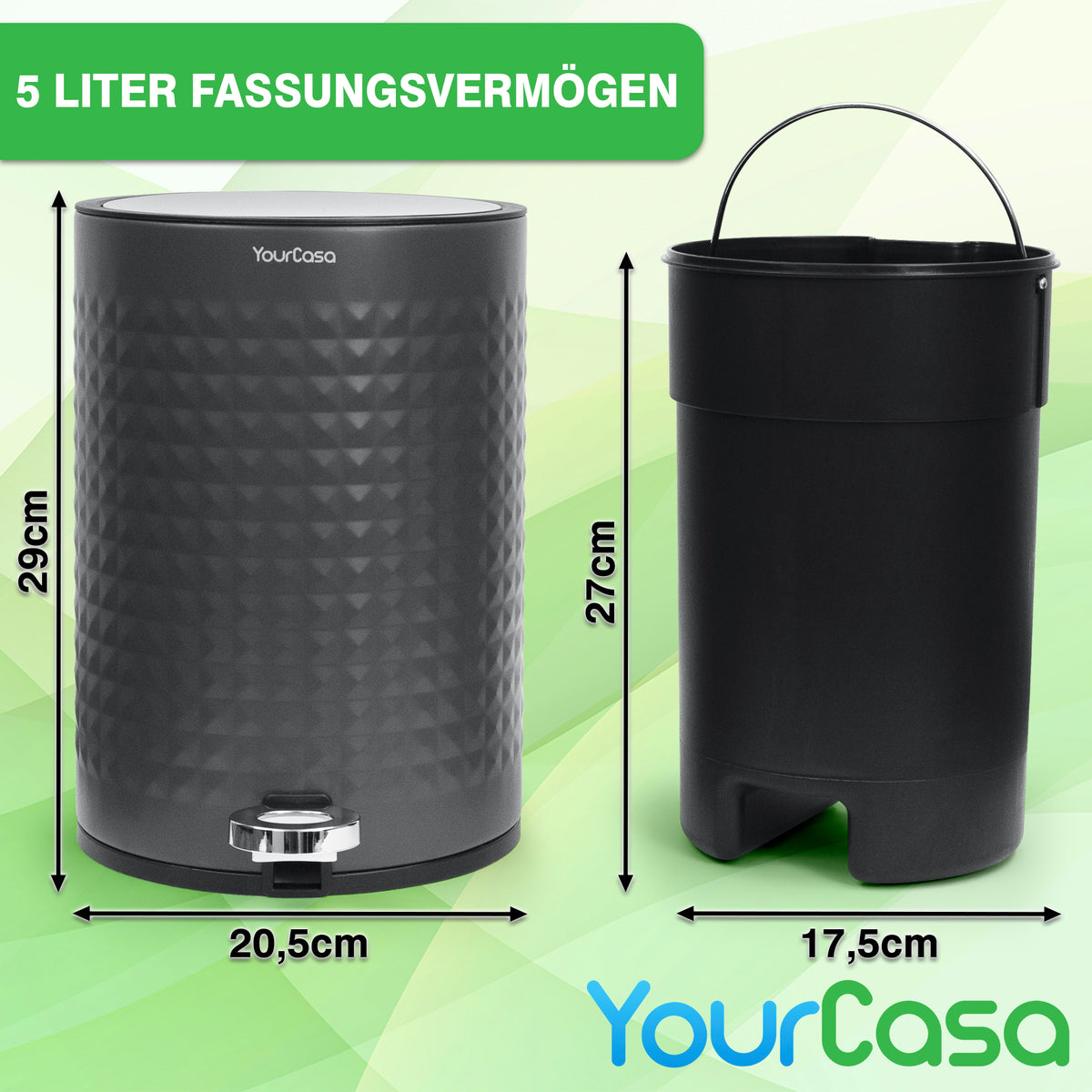 YourCasa® Edelstahl Mülleimer Bad 5L - Pyramiden-Oberflächenstruktur von yourcisade.com, mit Maßangaben und Pedaldesign.