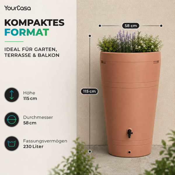Decore Regentonne 230 Liter – Bepflanzbar | Mit Wasserhahn | Frostsicher