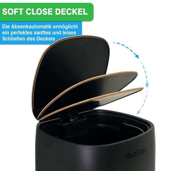 Bild des YourCasa® Mülleimers von yourcisade.com mit einem Soft-Close-Deckel, der sein geruchsdichtes Design unterstreicht und dafür sorgt, dass keine unangenehmen Gerüche entweichen. Die deutsche Beschreibung betont seinen sanften Schließmechanismus für zusätzliche Funktionalität und Komfort.