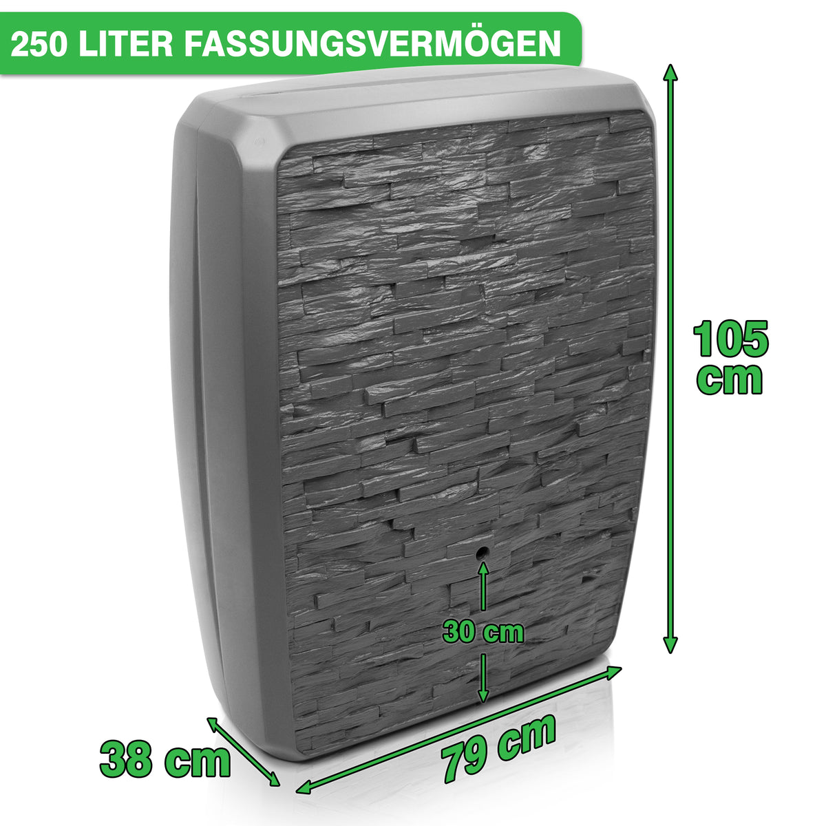 250 Liter Fassungsvermögen YourCasa Regentonne mit den Maßen 105cm Höhe, 79cm Breite und 38cm Tiefe von yourcisade.com.