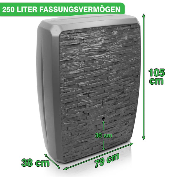 250 Liter Fassungsvermögen YourCasa Regentonne mit den Maßen 105cm Höhe, 79cm Breite und 38cm Tiefe von yourcisade.com.