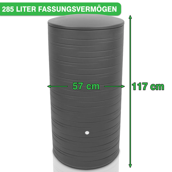 YourCasa Regentonne 280 Liter [PureRain] von yourcisade.com, misst 117 cm in der Höhe und 57 cm im Durchmesser.