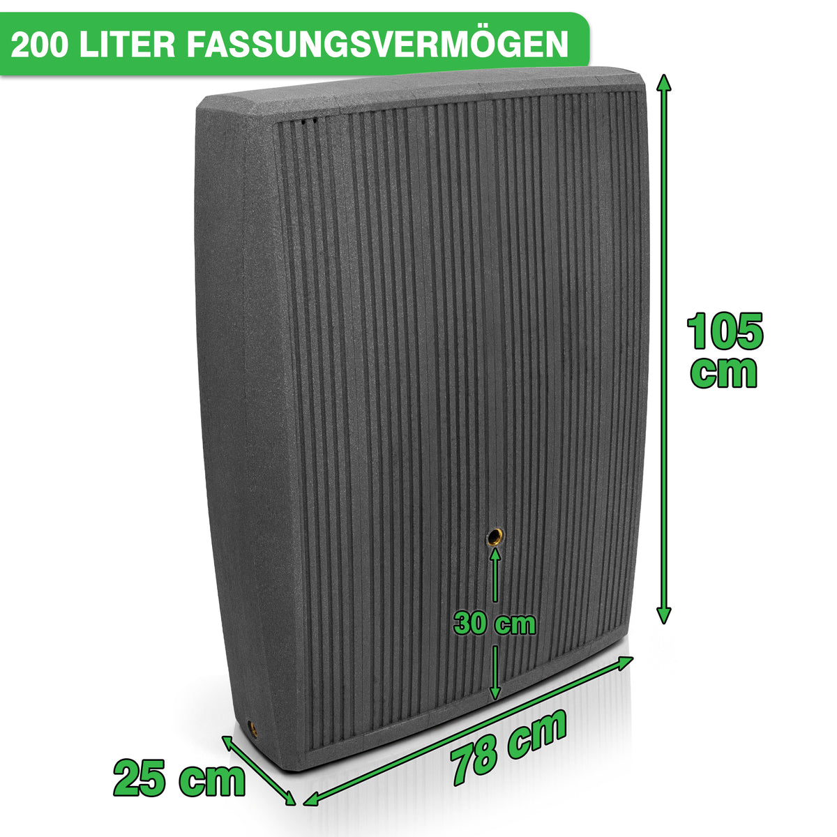 Vertikaler Lagertank mit den Maßen: 105 cm Höhe, 78 cm Breite, 25 cm Tiefe und 200 Liter Fassungsvermögen. Diese YourCasa Regentonne 200 Liter [DualStyle] - Platzsparend & Stilvoll eignet sich ideal für verschiedene Einsatzzwecke, darunter auch als Nachhalt von yourcisade.com.