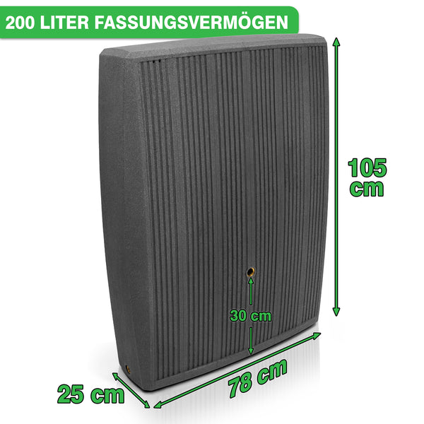 Vertikaler Lagertank mit den Maßen: 105 cm Höhe, 78 cm Breite, 25 cm Tiefe und 200 Liter Fassungsvermögen. Diese YourCasa Regentonne 200 Liter [DualStyle] - Platzsparend & Stilvoll eignet sich ideal für verschiedene Einsatzzwecke, darunter auch als Nachhalt von yourcisade.com.