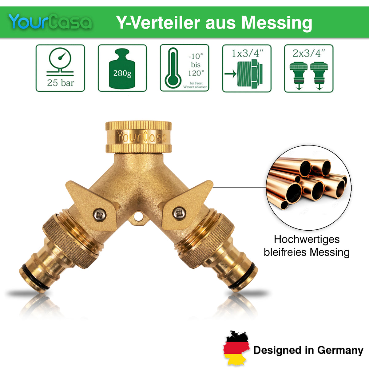 YourCasa Wasserverteiler Y-Verteiler [3/4 Zoll] aus Messing von yourcisade.com für Schläuche mit Spezifikation und "designed in Germany"-Label, ideal als Wasserhahn-Verteiler für die Gartenbewässerung.