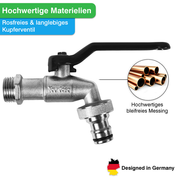 YourCasa® Wasserhahn Garten [1/2 Zoll & 3/4 Zoll] Messing - Frostsicher & Komplettset von yourcisade.com, gekennzeichnet als hochwertig, neben einem eingefügten Bild von Kupferrohren, gekennzeichnet mit „designed in Germany“.