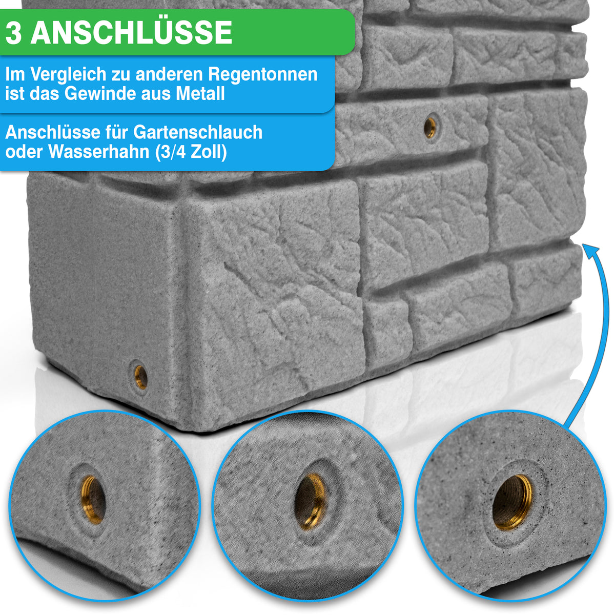Stapel von drei YourCasa Regentonnen 300 Liter [StoneRain] mit hervorgehobenen Anschlüssen für einen Gartenschlauch oder Wasserhahn.