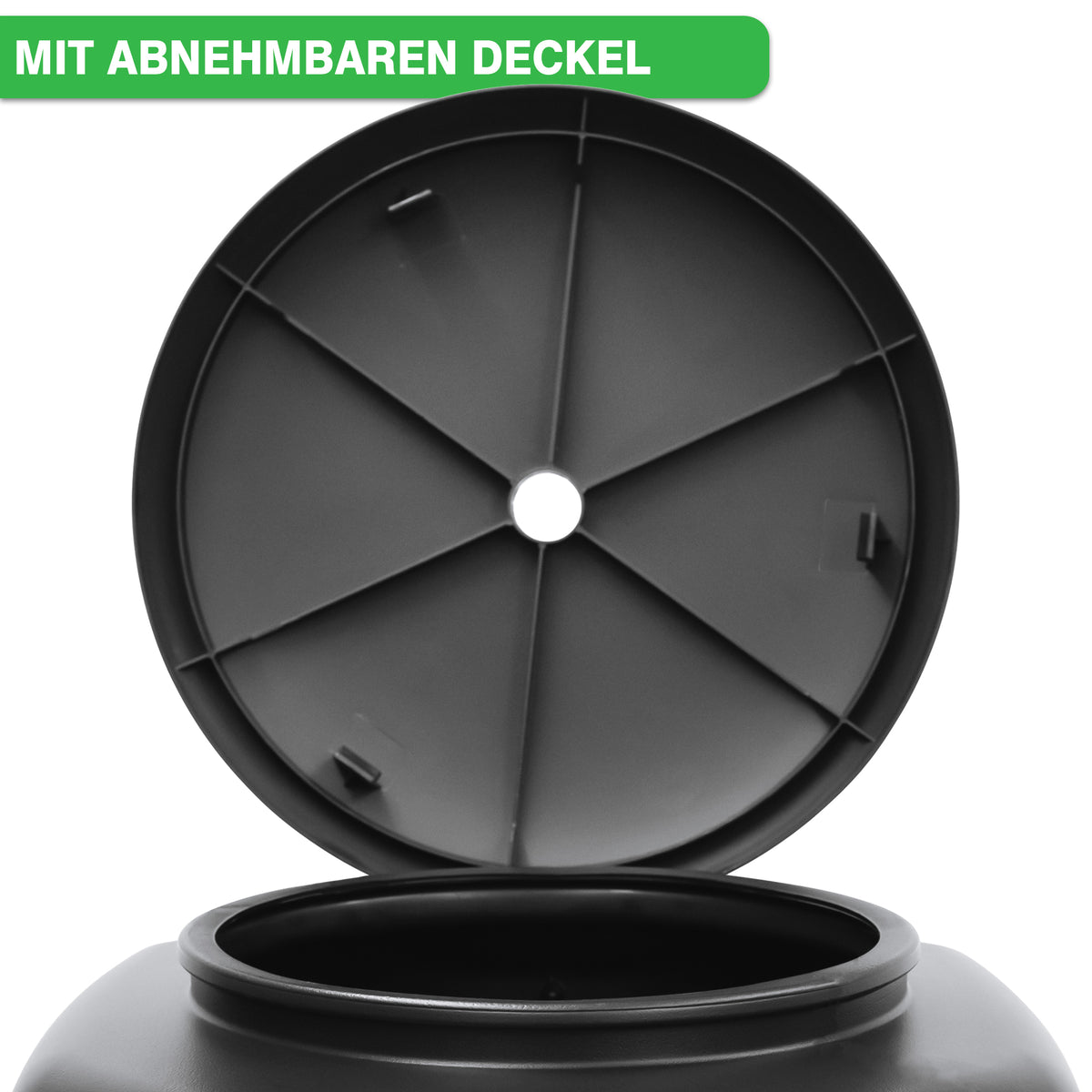 Eine schwarze YourCasa Regentonne [Tower] 120L mit Standfuss, Deckel & Wasserhahn von yourcisade.com mit abnehmbarem Deckel. Der Text über dem Behälter lautet „MIT ABNEHMBAREN DECKEL“, was auf Englisch „MIT ABNEHMBAREM DECKEL“ bedeutet. Perfekt für nachhaltige Bewässerung mit einem 120 Liter Fassungsvermögen.