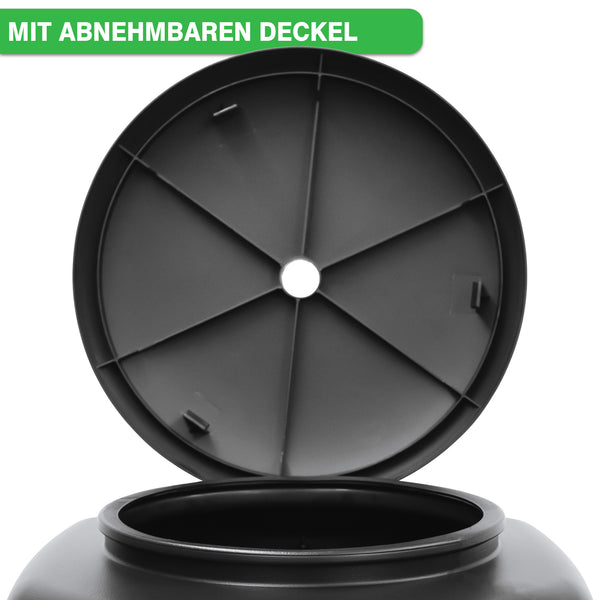 Eine schwarze YourCasa Regentonne [Tower] 120L mit Standfuss, Deckel & Wasserhahn von yourcisade.com mit abnehmbarem Deckel. Der Text über dem Behälter lautet „MIT ABNEHMBAREN DECKEL“, was auf Englisch „MIT ABNEHMBAREM DECKEL“ bedeutet. Perfekt für nachhaltige Bewässerung mit einem 120 Liter Fassungsvermögen.