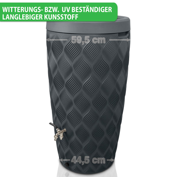 Satz mit Ersetzung: YourCasa Regentonne 240 Liter [Seabreeze Flower] mit einem Hahn und dekorativem Muster, einschließlich gekennzeichneter Abmessungen.