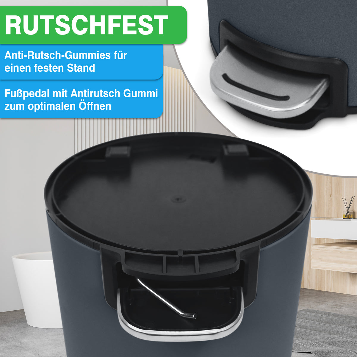 Ein schwarzes YourCasa® Mülleimer Bad [5L] mit der Aufschrift rutschfest darauf.