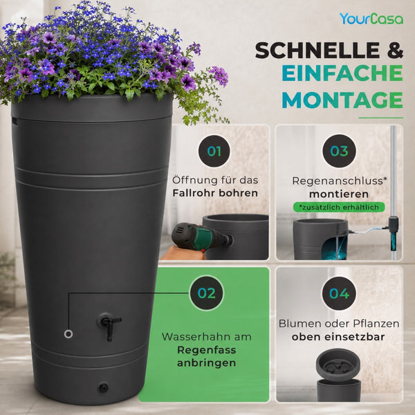 Decore Regentonne 230 Liter – Bepflanzbar | Mit Wasserhahn | Frostsicher