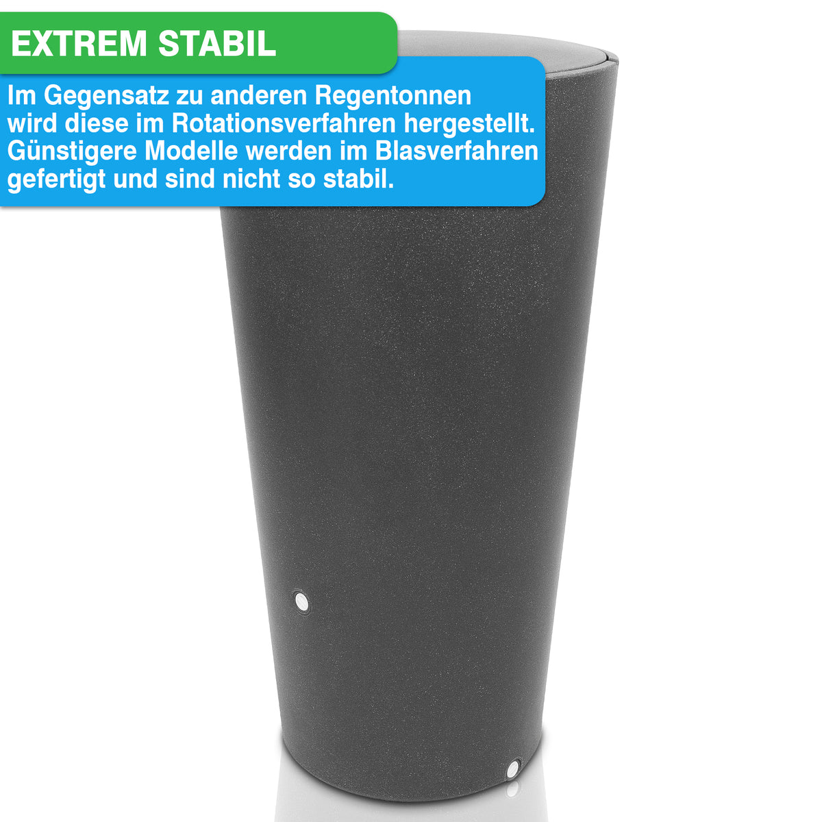 Ein schwarzer Kunststoffbecher mit stabilitätsorientierter Werbung in deutschem Text und der Funktion „Sicherer Deckel“ wie die YourCasa Regentonne 210 Liter [Aquaform] – Frostsicher & Kinderfreundlich von yourcisade.com.