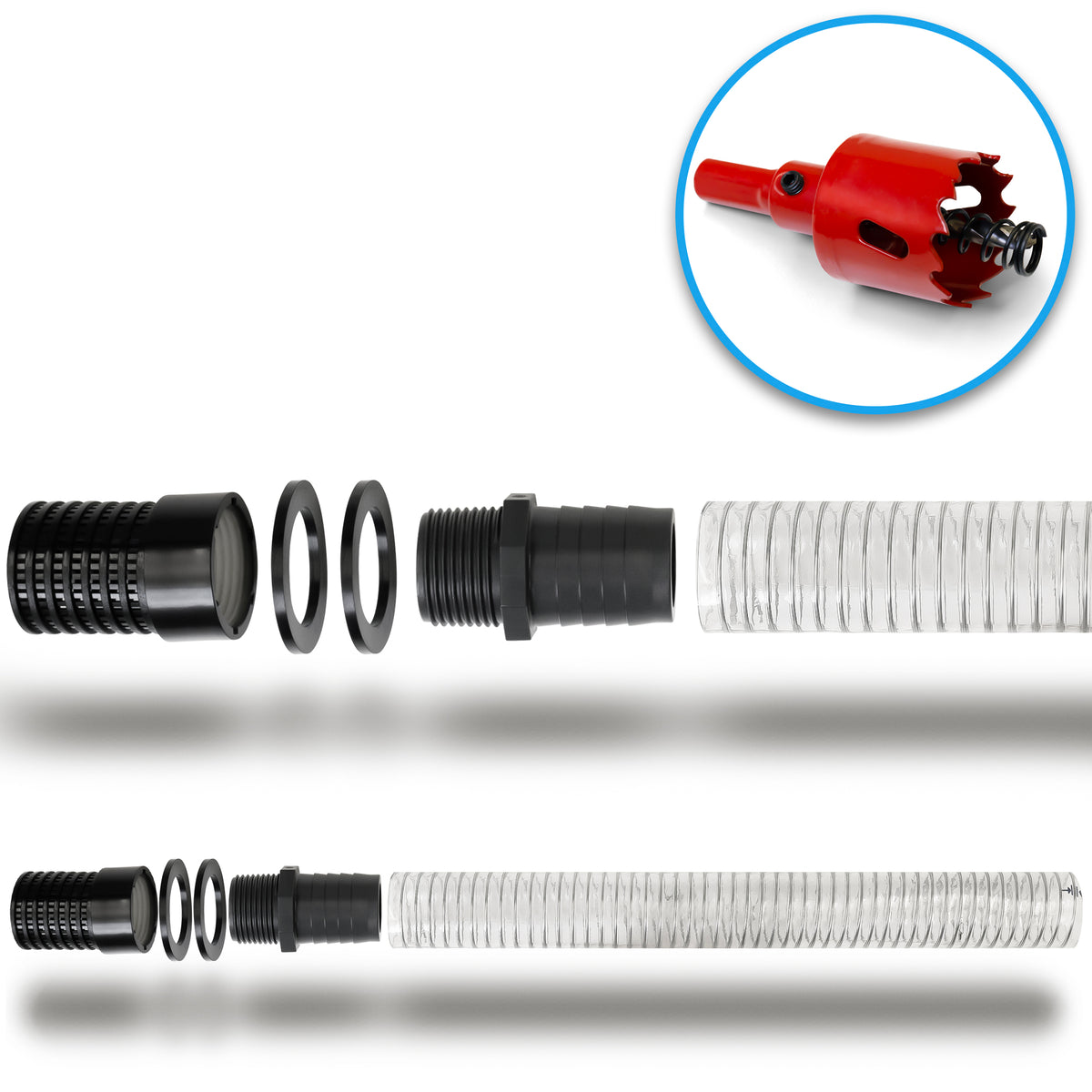 Explosionsdarstellung des yourcisade.com Regentonnen Verbinder Sets 32mm inklusive Kronbohrer & Tankdurchführung, mit Verbindern, Dichtungen, Schläuchen, IBC Tank Anschluss für einfache Regentonnen Verbindung, sowie einem Blick auf die mitgelieferte rote Lochsäge (Kronbohrer).