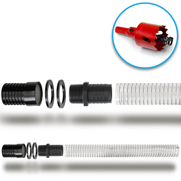 Explosionsdarstellung des yourcisade.com Regentonnen Verbinder Sets 32mm inklusive Kronbohrer & Tankdurchführung, mit Verbindern, Dichtungen, Schläuchen, IBC Tank Anschluss für einfache Regentonnen Verbindung, sowie einem Blick auf die mitgelieferte rote Lochsäge (Kronbohrer).
