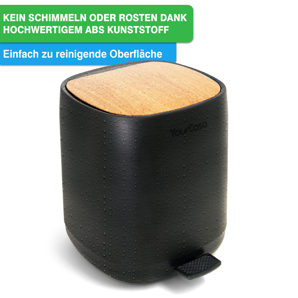Wir präsentieren den YourCasa® Mülleimer [5L] von yourcisade.com, einen elegant gestalteten schwarzen Treteimer mit holzähnlichem Deckel. Dieses leicht zu reinigende Wunderwerk aus schimmelfreiem, rostfreiem ABS und mit grünem Text verziert ist geruchsdicht und sorgt dafür, dass Ihr Raum frisch und geruchsfrei bleibt. Außerdem besteht er aus 30 % weniger Kunststoff – perfekt für Badezimmer oder Küchen.
