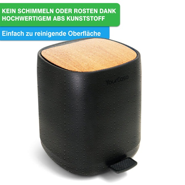 Wir präsentieren den YourCasa® Mülleimer [5L] von yourcisade.com, einen elegant gestalteten schwarzen Treteimer mit holzähnlichem Deckel. Dieses leicht zu reinigende Wunderwerk aus schimmelfreiem, rostfreiem ABS und mit grünem Text verziert ist geruchsdicht und sorgt dafür, dass Ihr Raum frisch und geruchsfrei bleibt. Außerdem besteht er aus 30 % weniger Kunststoff – perfekt für Badezimmer oder Küchen.