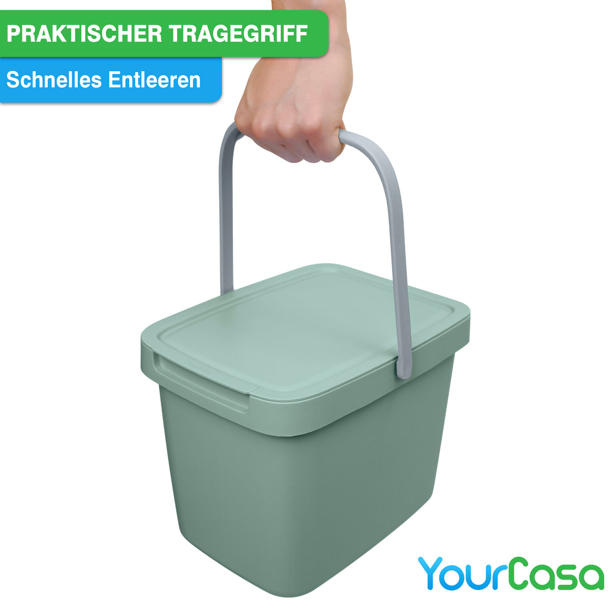 Grüner YourCasa® Biomülleimer Küche – 6L mit Deckel und praktischem Tragegriff, inklusive Müllbeutelfixierung – yourcisade.com Branding.