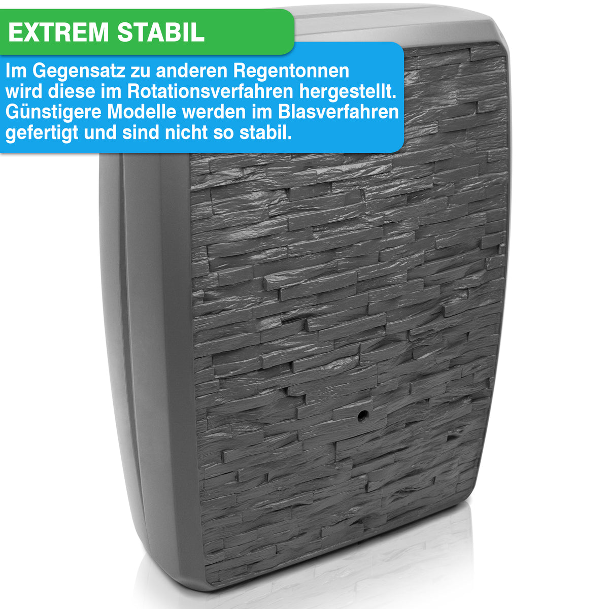 YourCasa Regentonne 250 Liter [TwinView] – Eckig, schmal, platzsparend und vielseitig mit strukturierter Außenseite, die als extrem stabil im Vergleich zu blasgeformten Modellen beworben wird und ihr Rotationsherstellungsverfahren für verbesserte Haltbarkeit und Eignung für nachhaltige Bewässerung hervorhebt.