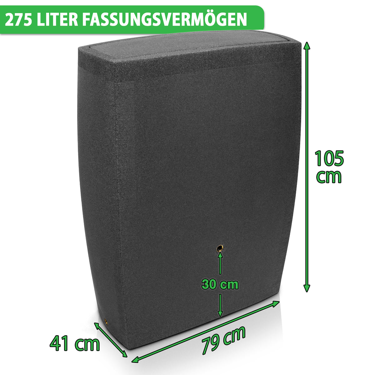 Großer schwarzer Lautsprecher mit den Maßen: 105 cm Höhe, 79 cm Breite, 41 cm Tiefe und einem Volumen von 275 Litern YourCasa Regentonne
[yourcisade.com].