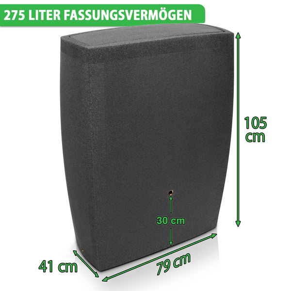 Großer schwarzer Lautsprecher mit den Maßen: 105 cm Höhe, 79 cm Breite, 41 cm Tiefe und einem Volumen von 275 Litern YourCasa Regentonne
[yourcisade.com].