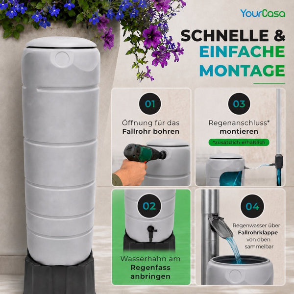 Regentonne 110 Liter [Circle Tower] – Schlanke Regenwassertonne mit Standfuß & 3 Anschlüssen