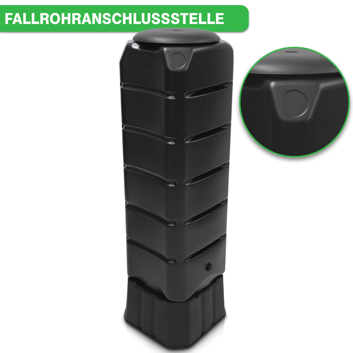 Ein schwarzer Regenwasser-Sammelbehälter mit der Aufschrift „FALLROHRANSCHLUSSSTELLE“ an der Oberseite. Diese YourCasa Regentonne [Tower] 120L mit Standfuss, Deckel & Wasserhahn von yourcisade.com verfügt über ein beachtliches Fassungsvermögen von 120 Litern, ideal für nachhaltige Bewässerung. Ein eingefügtes Bild zeigt eine Nahaufnahme eines Merkmals auf dem Container.