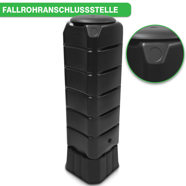 Ein schwarzer Regenwasser-Sammelbehälter mit der Aufschrift „FALLROHRANSCHLUSSSTELLE“ an der Oberseite. Diese YourCasa Regentonne [Tower] 120L mit Standfuss, Deckel & Wasserhahn von yourcisade.com verfügt über ein beachtliches Fassungsvermögen von 120 Litern, ideal für nachhaltige Bewässerung. Ein eingefügtes Bild zeigt eine Nahaufnahme eines Merkmals auf dem Container.