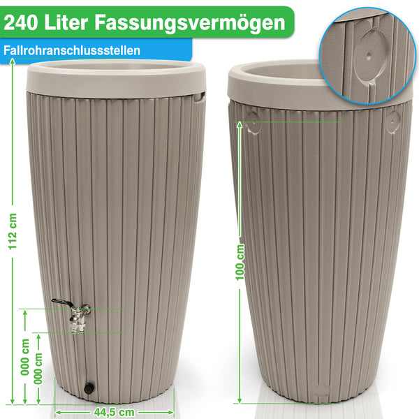 Regentonne 240 Liter [RainCatcher] – mit Messing Wasserhahn & Deckel