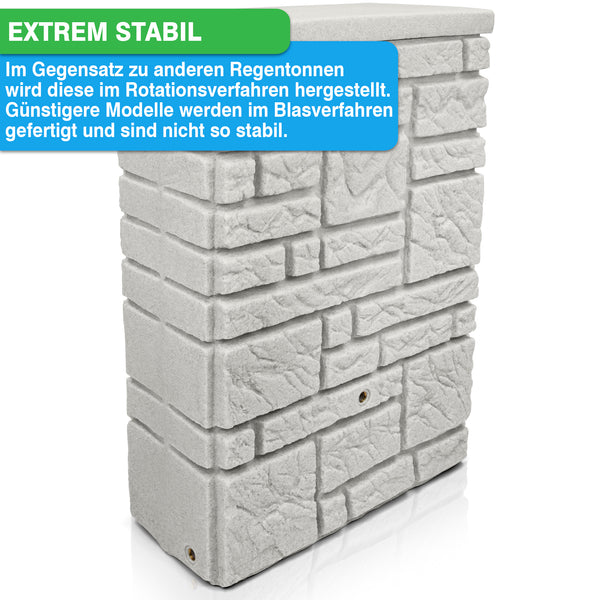 Stapel aus grauen, ineinander greifenden Kunststoffregalen mit hervorgehobenem Abschnitt, der die hohe Stabilität durch Rotationsformherstellung im Gegensatz zu billigeren Blasformmodellen betont. Dieses Modell wird mit einer YourCasa Regentonne 300 Liter [StoneRain] - Frostsicher & UV-beständig von yourcisade.com geliefert.
