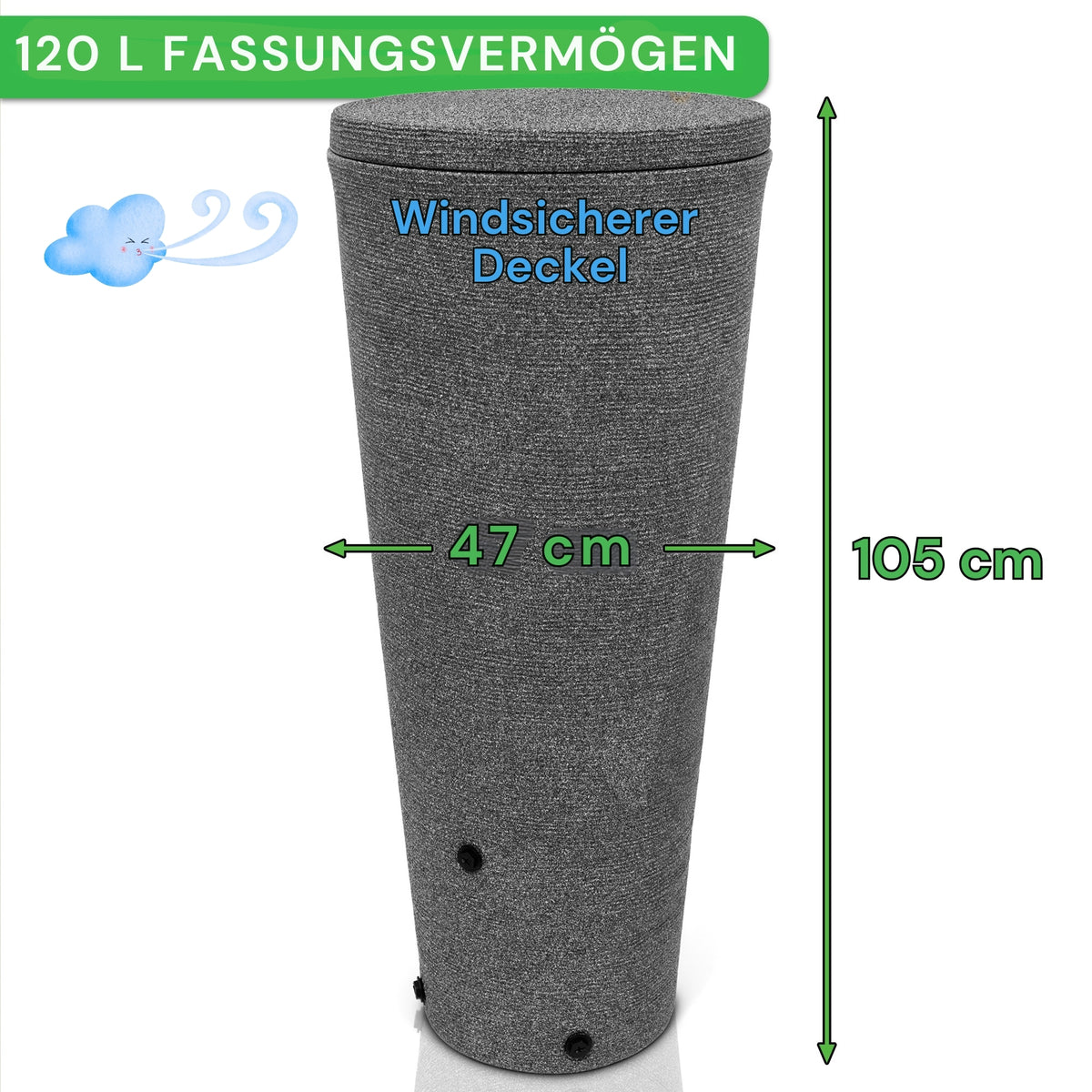 Regentonne 120 Liter mit 105 cm Höhe und 47 cm Durchmesser