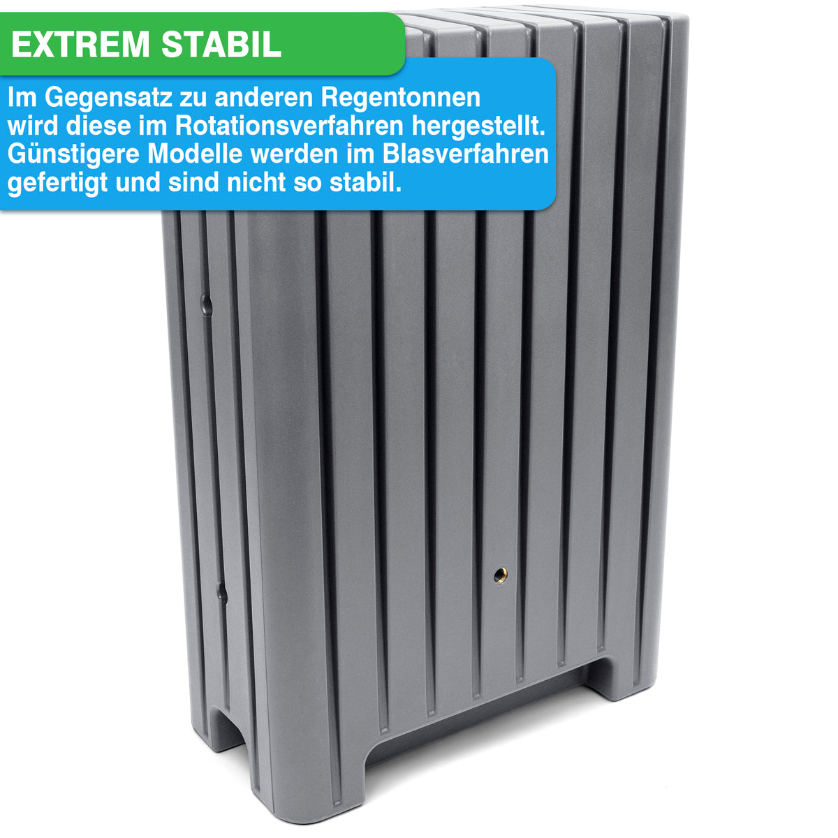 Kunststoff-Heizkörperabdeckung mit Text hervorhebend die hohe Stabilität und das Rotationsverfahren als Fertigungsmethode der YourCasa Regentonne 280 Liter [UrbanElegance] - Frostsicher & UV-beständig von yourcisade.com.