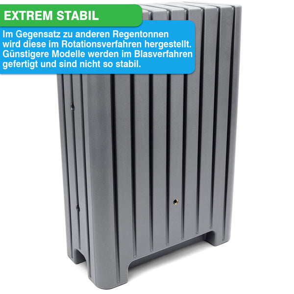Kunststoff-Heizkörperabdeckung mit Text hervorhebend die hohe Stabilität und das Rotationsverfahren als Fertigungsmethode der YourCasa Regentonne 280 Liter [UrbanElegance] - Frostsicher & UV-beständig von yourcisade.com.