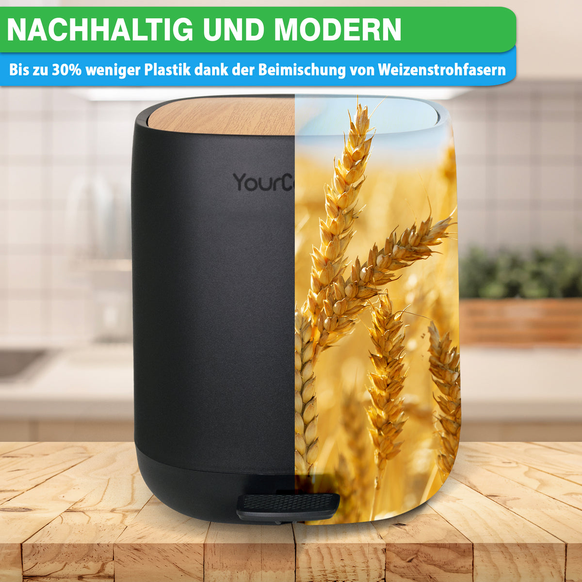 Der YourCasa® Mülleimer [5L] von yourcisade.com ist ein umweltfreundlicher Küchenabfalleimer aus Weizenstrohfasern, der den Plastikverbrauch um 30 % reduziert. Er besticht durch ein elegantes Design mit einem modernen Doppelmuster aus Schwarz und Weizen und ist geruchsdicht, um das Entweichen unerwünschter Gerüche zu verhindern. Der obige Text ist auf Deutsch.