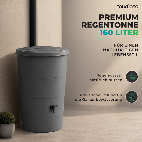Regentonne mit Fallrohr Anschluss Set – 80, 160 oder 200 Liter Komplettlösung