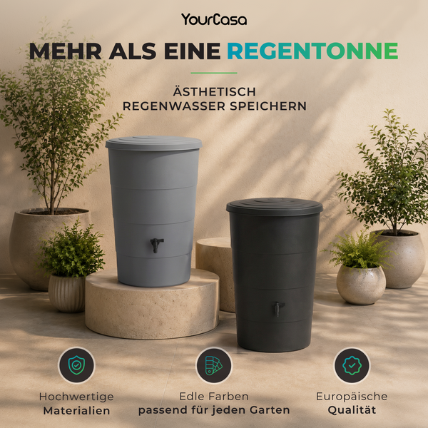 Regentonne mit Fallrohr Anschluss Set – 80, 160 oder 200 Liter Komplettlösung