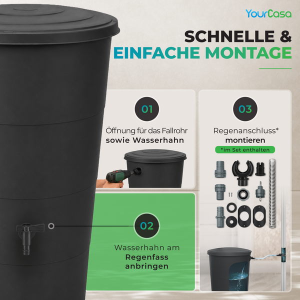 Regentonne mit Fallrohr Anschluss Set – 80, 160 oder 200 Liter Komplettlösung