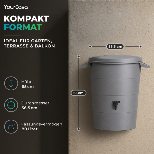Regentonne mit Fallrohr Anschluss Set – 80, 160 oder 200 Liter Komplettlösung