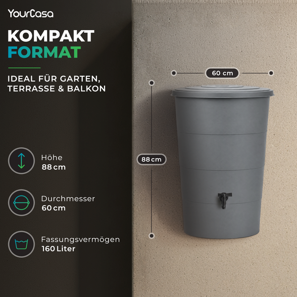 Regentonne mit Fallrohr Anschluss Set – 80, 160 oder 200 Liter Komplettlösung