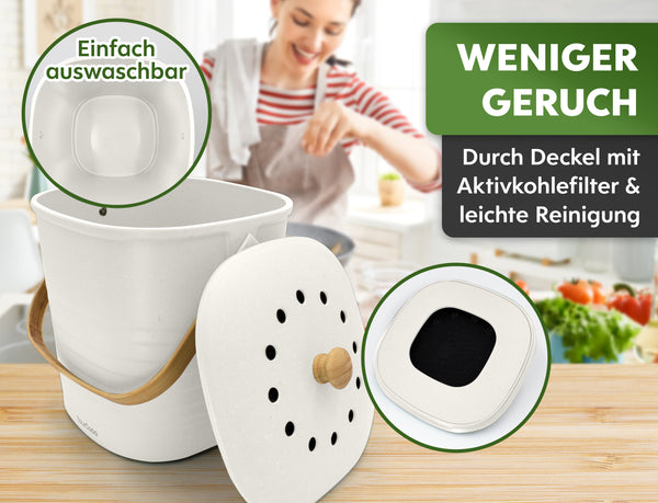 YourCasa® Komposteimer - Biomülleimer Küche - nachhaltiger Bio Mülleimer zur Reduzierung von Gerüchen, neben einer lächelnden Frau, die im yourcisade.com.