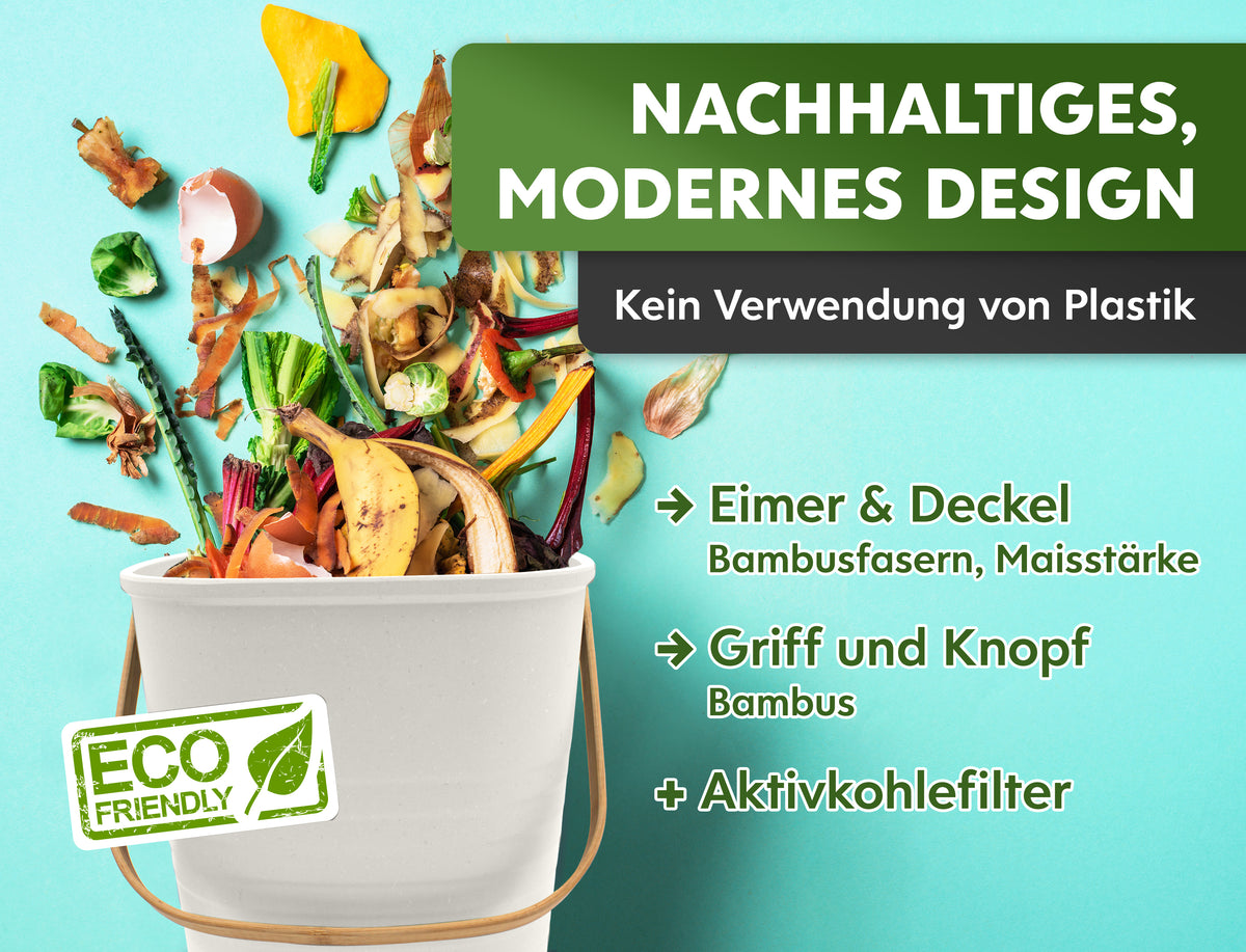 YourCasa® Komposteimer aus Bambusfasern und Maisstärke mit Aktivkohlefilter, umgeben von Bioabfällen, hergestellt von yourcisade.com.