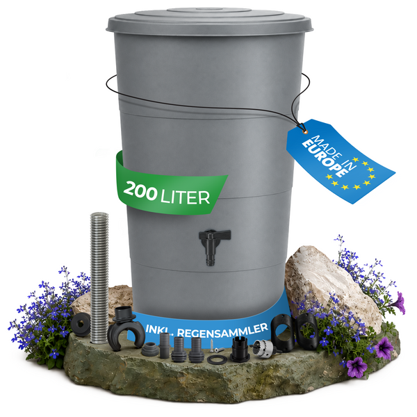 Regentonne mit Fallrohr Anschluss Set – 80, 160 oder 200 Liter Komplettlösung